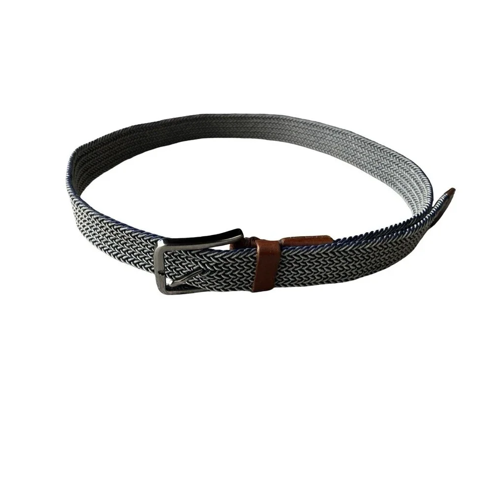 Tommy Hilfiger Woven Stretch Belt Blue Gray Brown Leather Size L/XL Made in DR